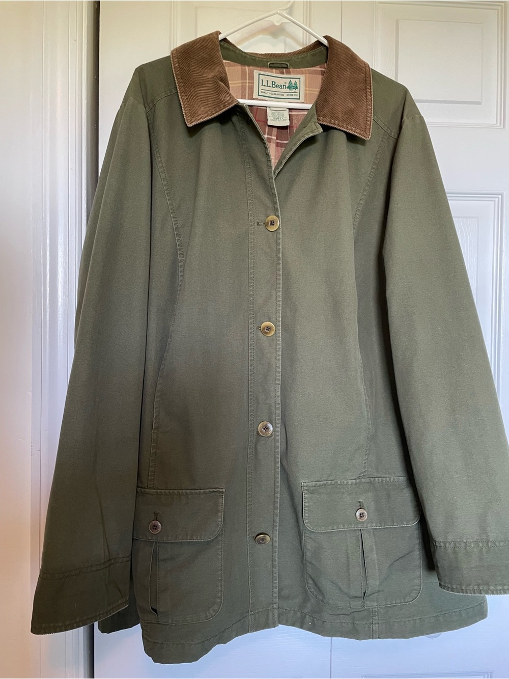 L.L. Bean 3XL Olive Green Field Barn Chore Jacket plaid lined Corduroy Collar - Picture 4 of 13